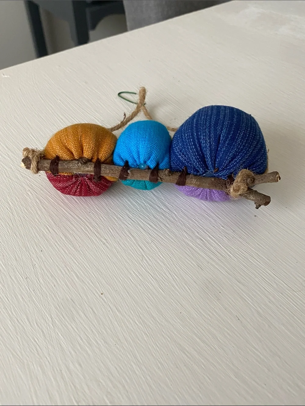 Colorful Fabric Owl Trio on a Branch Hanging Ornament - Farmhouse Rustic